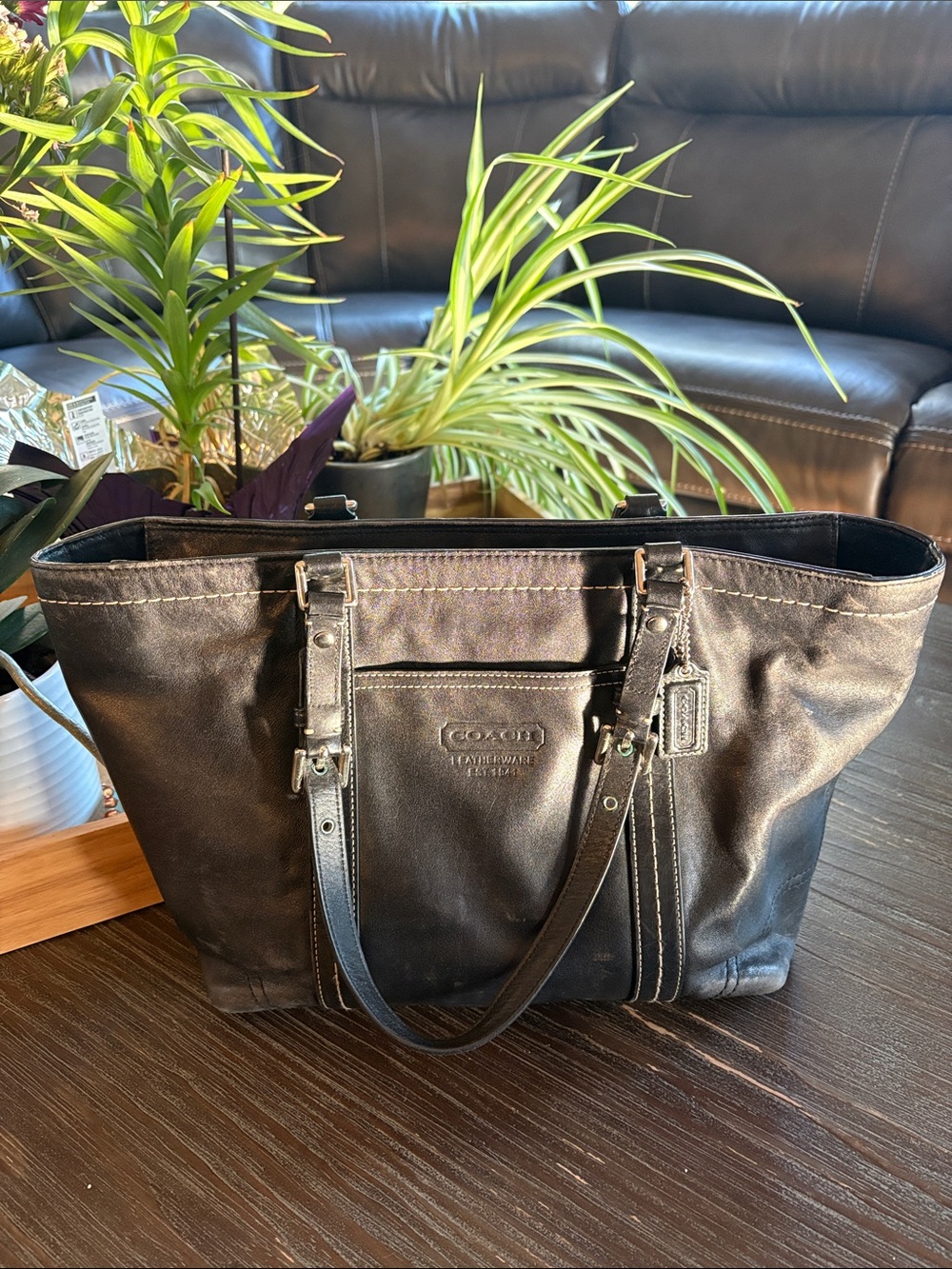 Coach Black Leather Tote with white stitching and Double Straps